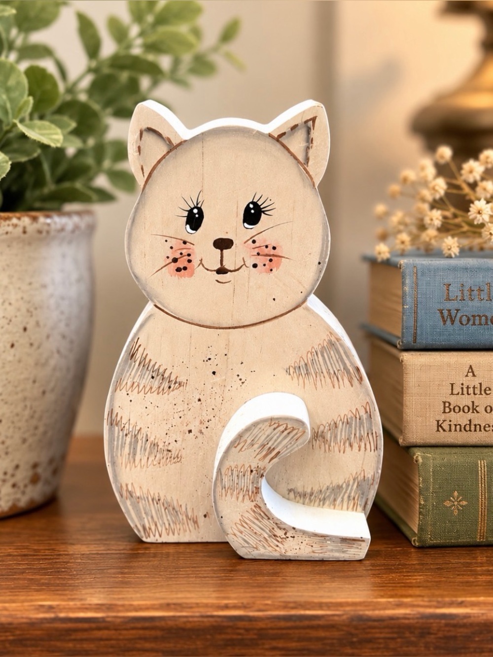 Artist Signed Dalia Hand-Painted Wooden Cat Shelf Sitter Folk Art Decor